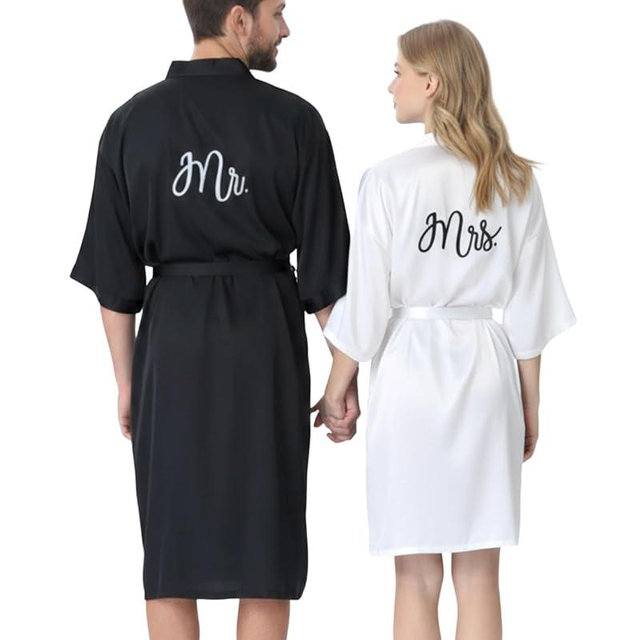 Jecery 2 Pcs Satin His and Hers Robes Set Mr. Mrs. Silk Matching Robe for Couples Women Man Wedding Engagement Bridal Gift