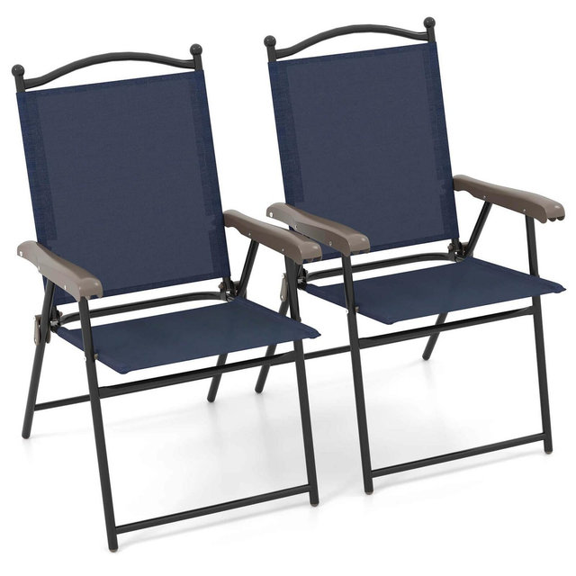 Costway Patio Folding Chairs Set of 2 with Armrests Outdoor Portable Camping Chairs Navy