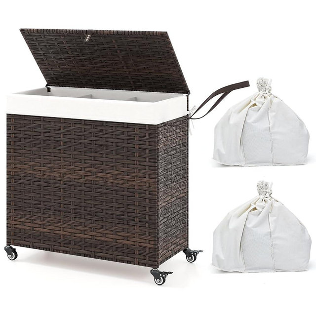 Giantex Laundry Hamper w/Wheels, 3 Section Hamper 125L w/2 Removable Liner Bags, Handwoven Rattan Divided Laundry Basket w/Lid and Handle for Laundry Sorter for Bathroom Bedroom (Brown)