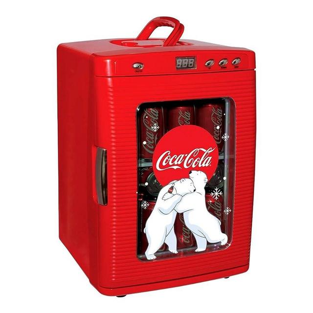 Coca-Cola Polar Bear 28 Can Cooler/Warmer w/ 12V DC and 110V AC Cords, 25L (28 qt) Portable Mini Fridge w/Display Window, Travel Refrigerator for Snacks Lunch Drinks, Desk Home Office Dorm, Red