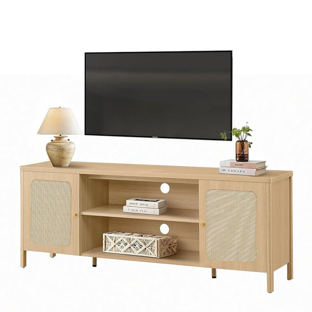 KISLOT Rattan TV Stand for TVs up to 75'' Boho Entertainment Center with Adjustable Shelf Television Stand with 2 Storage Cabinets Media Console Wooden TV Cabinet for Living Room Bedroom,Natural Oak