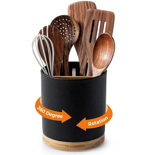 LoeJan 3 Compartment Utensil Holder, Extra Large Utensil Crock, Stable Ceramic Utensil Organizer, Cooking Tool Organizer Set for Kitchen Counter Farmhouse Decor,Textured Black