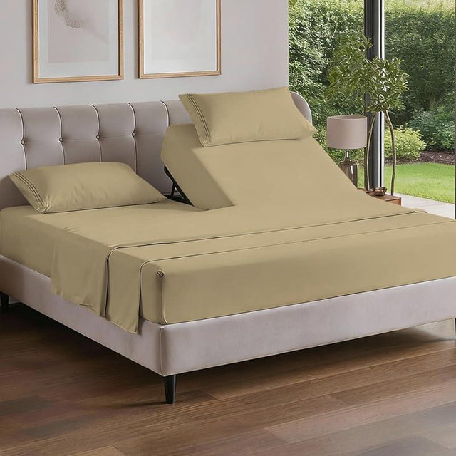 Flex Top Split Head King 4 Piece Sheet Set - Ultra-Soft, Breathable & Cooling Bed Sheets Set - Hotel Luxury Bedding for Women & Men with Deep Pockets - Wrinkle Free & Fade Resistant - Oeko-Tex - Beige