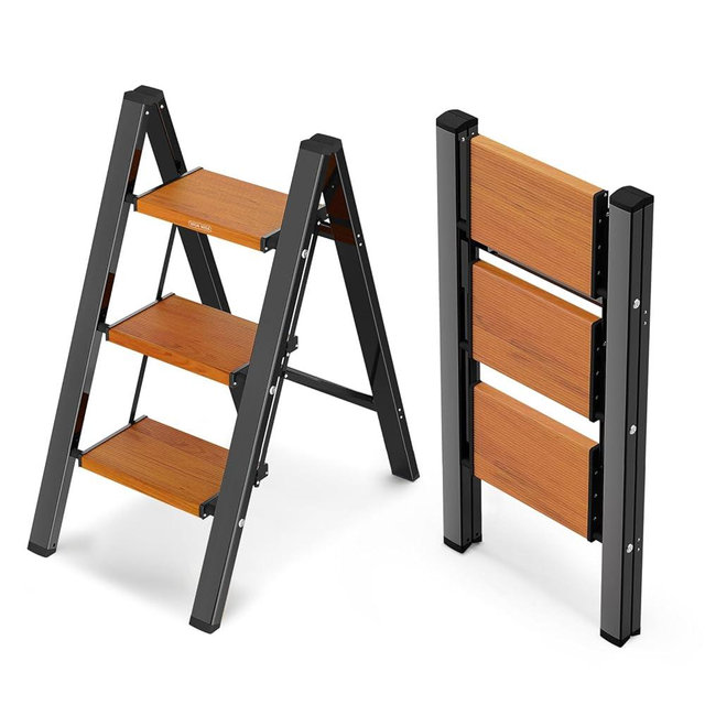 WOA WOA Step Ladder with Widened Pedals, Folding Step Stool with Anti-Slip Feet, Portable Home Ladder for Adults, Kitchen Small Stepladder 300 lbs Capacity (3 Step, Black & Wood Grain)