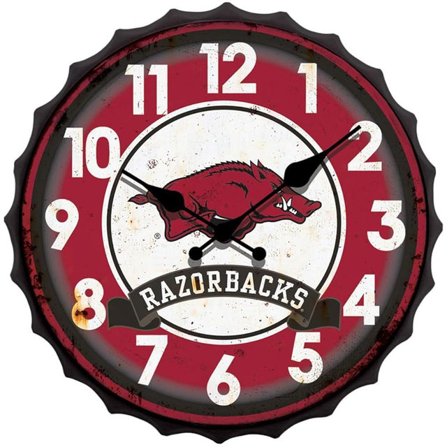 Hanna's Handiworks University of Arkansas NCAA Bottle Cap Clock Vintage Metal Wall Art - Show Your Razorback School Spirit in Your Man Cave, Dorm, Bedroom, College Apartment with UARK Fan Decor