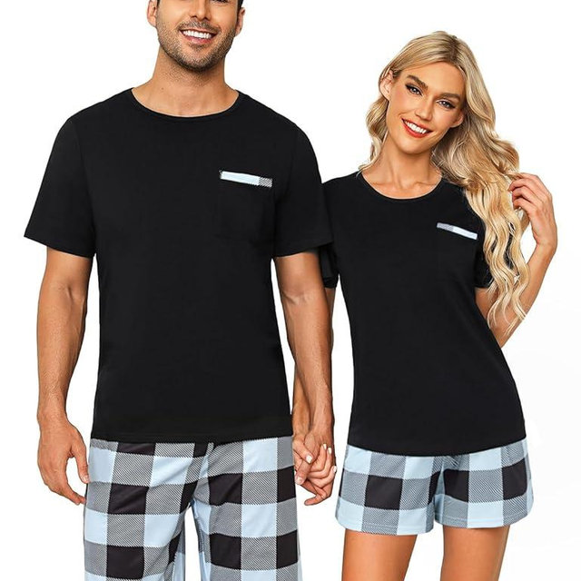 SPKPKEY 2025 New Matching Pajamas for Couples Cotton Lounge Set Short Sleeve Tops and Shorts Soft Sleepwear S-XXL