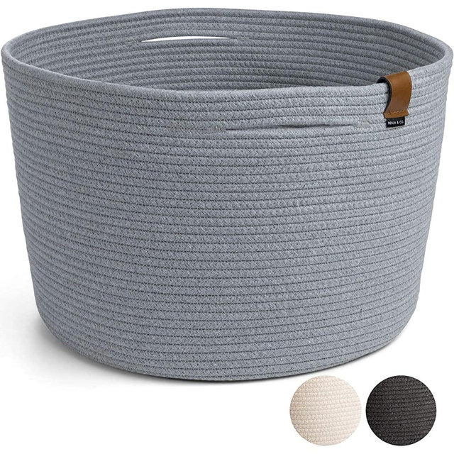 DENJA & CO Extra Large Blanket Basket for Living Room - Cotton Rope Basket Woven Storage for Blankets, Towels, Pillows and Toys | XXLarge Gray (21 inches x 13.8 inches)