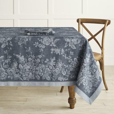 Watercolor Floral Jacquard Tablecloth, 70" X 108", Navy