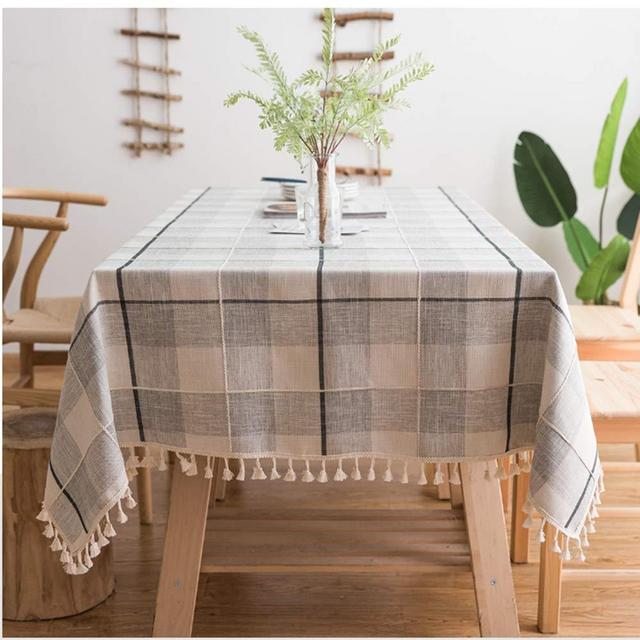 ColorBird Round Tablecloth Embroidery Checkered Tassel Cotton Linen Fabric Dust-Proof Table Cover for Kitchen Dinning Tabletop Decoration (Round, 60 Inch, Gray/White)