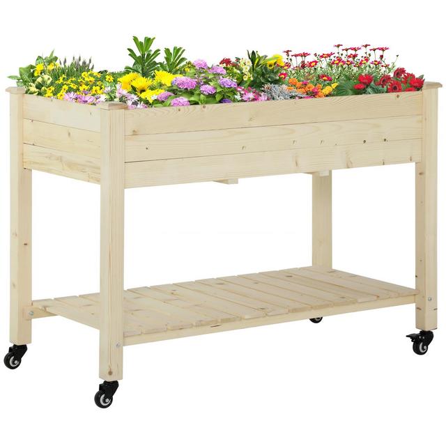 Outsunny 46.5" x 21.75" Raised Garden Bed, Elevated Wooden Planter Box w/ Lockable Wheels, Storage Shelf and Bed Liner for Backyard, Patio, Natural