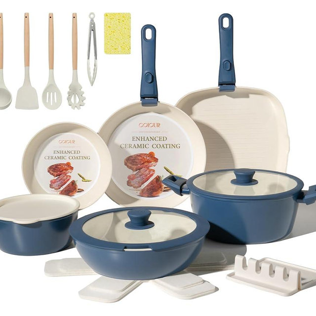 23Pcs Ceramic Cookware Set Non Stick Pots and Pans Set Non Toxic with Detachable Handle Induction Kitchen Cookware Set Space Saving, Oven & Dishwasher Safe, Navy