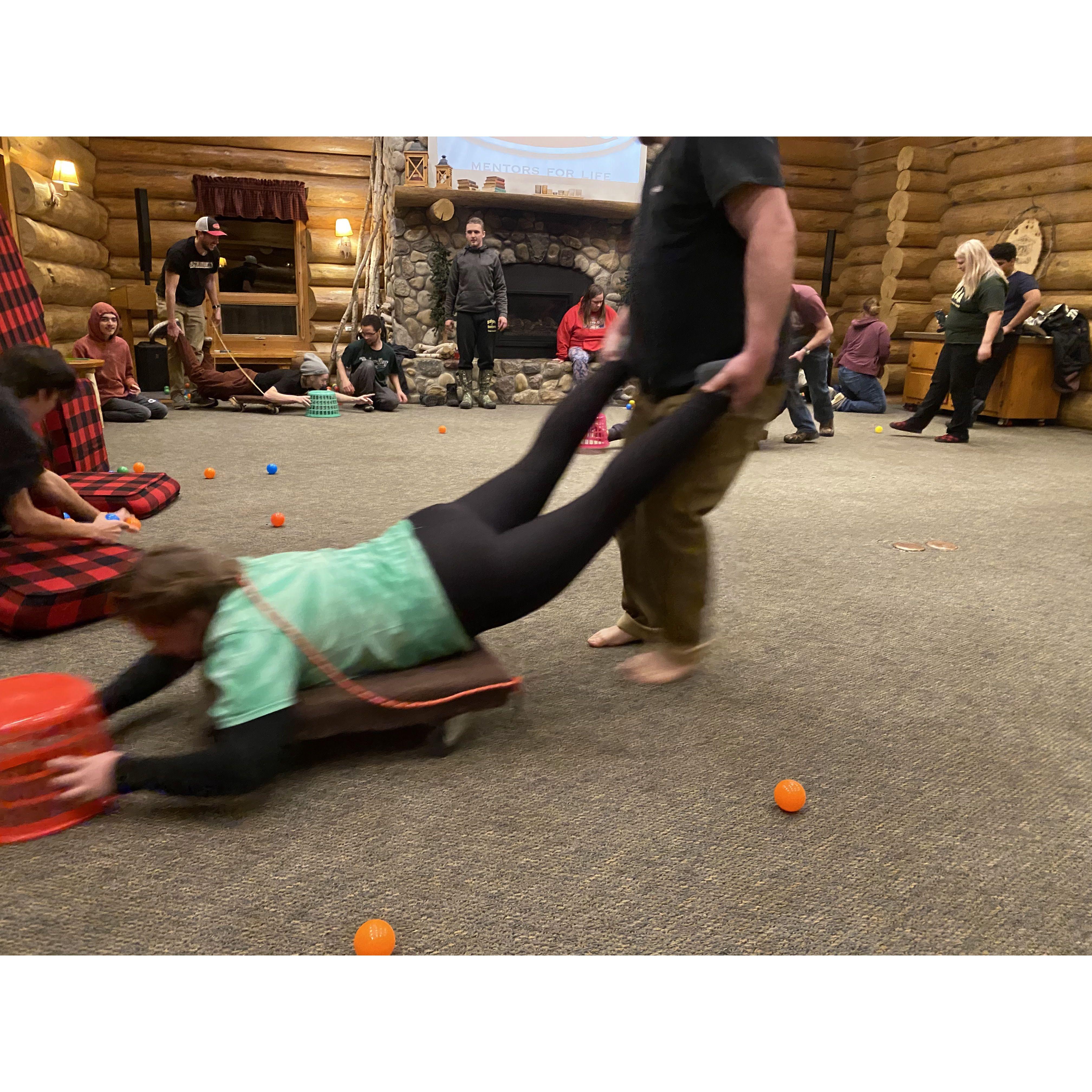 Group games with the high school Timber Bay kids at camp! The kids were too chicken to go first for Human Hungry Hippos . . . so Kyle and Anna did ;)