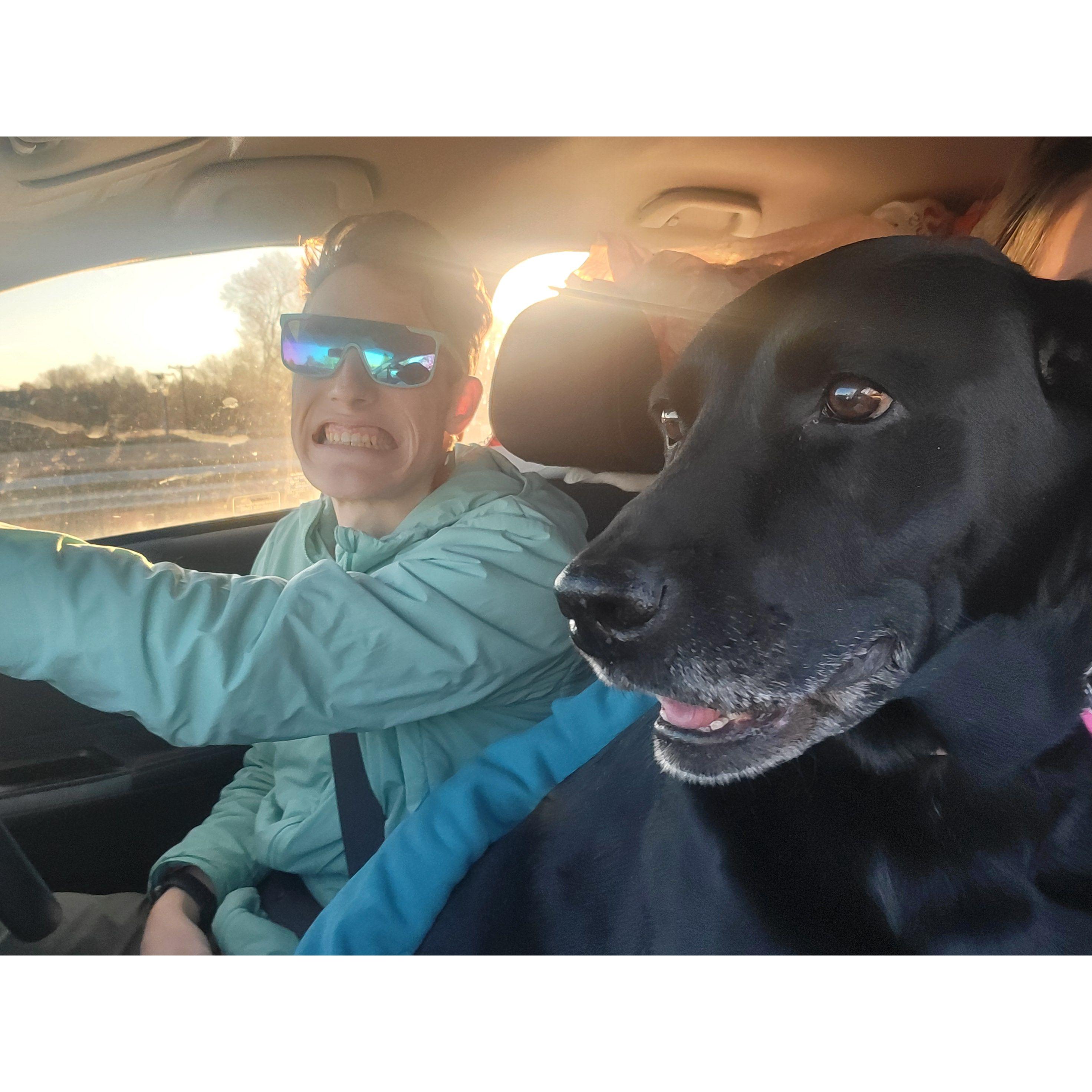 Ember gets front seat always. Even if she is on top of Linzi.