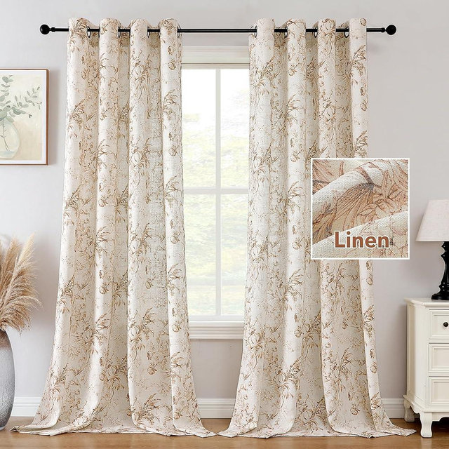 H.VERSAILTEX Boho Floral Linen Curtains 96 inch Length 2 Panels Set, Privacy Semi Sheer Light Filtering Curtains, Grommet Farmhouse Vintage Curtain, Print Pattern Drapes for Living Room, Terracotta