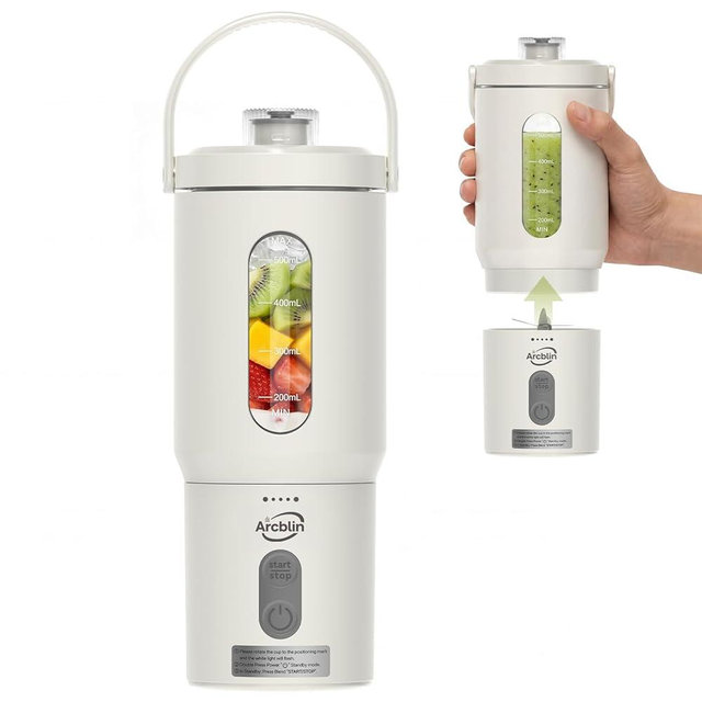 Arcblin Portable Blender for Shakes and Smoothies, 17oz Personal Blender with Detachable To-Go Cup & Carry Handle, USB-C Rechargeable Mini Juicer, Auto-Shutoff, BPA Free, Dishwasher Safe, White