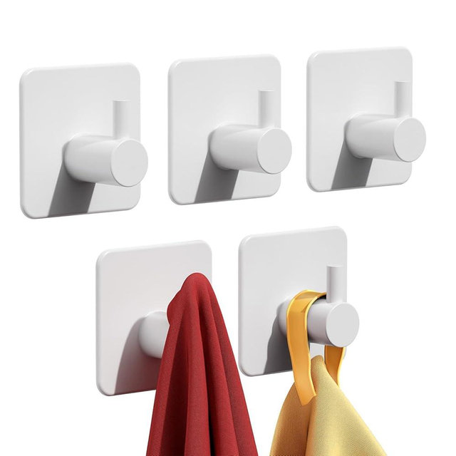 Adhesive Hooks Heavy Duty 22lb(Max) Wall Hooks, 5 Pack Self Adhesive Damage Free Towel Rack, Stainless Steel for Coat Robe, Waterproof Oilproof Rustproof for Bathroom Shower Kitchen Office