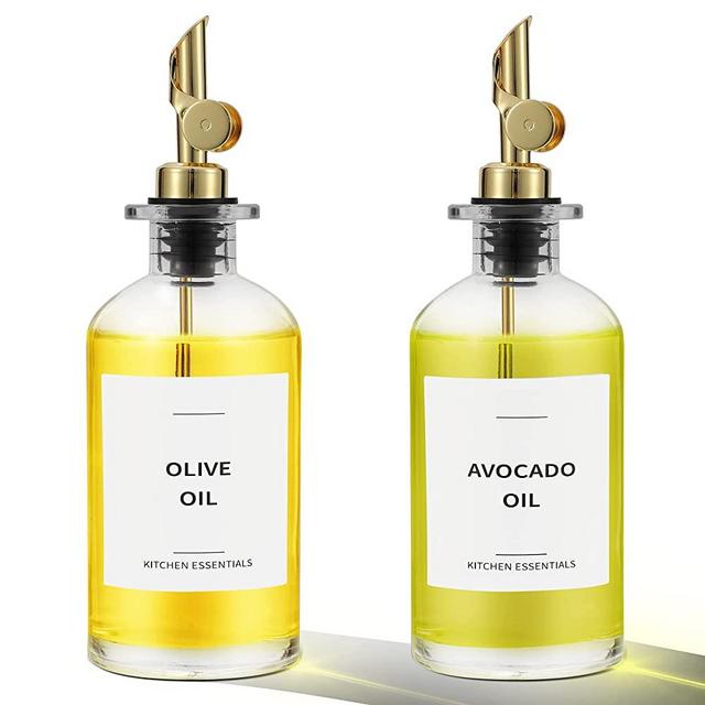 Spaceneat Olive Oil Dispenser Bottle for Kitchen, Coffee Syrup Dispenser - Elegant & Classy Olive Oil Bottles for Kitchen - Glass Cooking Oil Dispenser, Container, Cruet with Pourer Spout - 2pcs, Gold