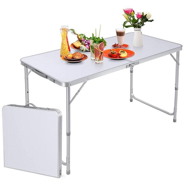 GARTIO 4FT Aluminum Folding Table, Fold-in-Half, Height Adjustable Portable Lightweight Camping Beach Dining Utility Desk, with Handles, for Indoor Outdoor Garden Picnic Party, White