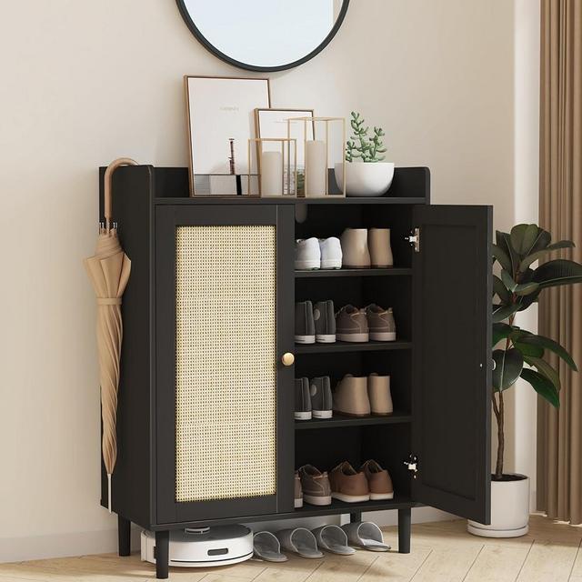 IANUE Shoe Cabinet - Rattan Shoe Cabinet for Entryway, Shoe Storage Cabinet with Adjustable Shelves, Black, Farmhouse Freestanding Wood Shoe Rack Organizer for Closet, Living Room, Hallway