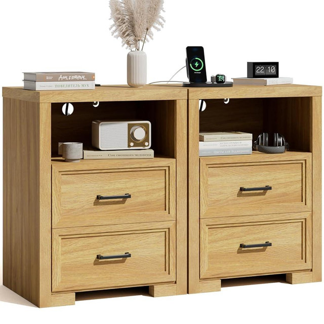 HOTALLOY Nightstand Set of 2, Night Stand with Charging Station, End Table with 2 Drawers, Wood Rustic Side Table with Open Storage Shelf, for Bedroom, Living Room, Natural Oak