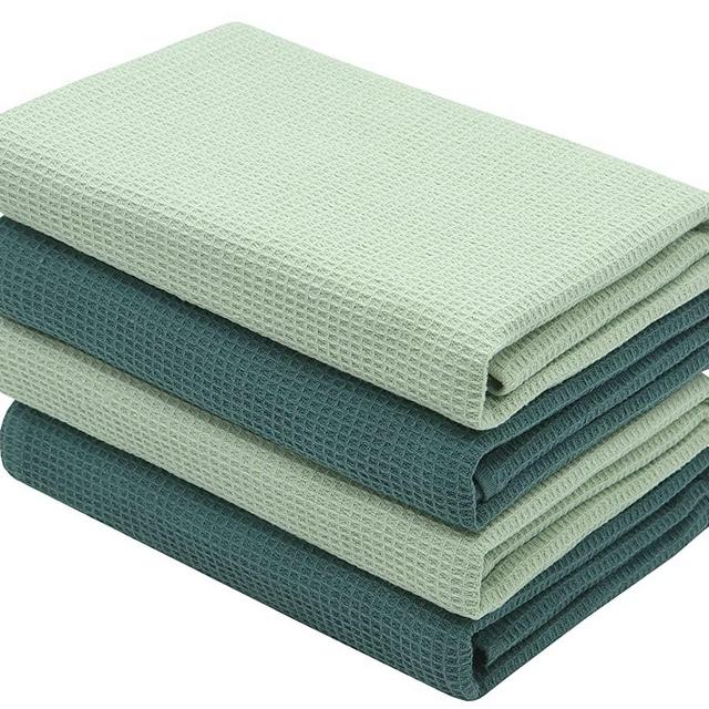 Cotton Kitchen Towels Waffle Weave Dish Towels, Soft and Super Absorbent Hand Towel, Fast Drying Lightweight Tea Towels, 17 x 25 Inches, Set of 4 (Light Green + Dark Green)