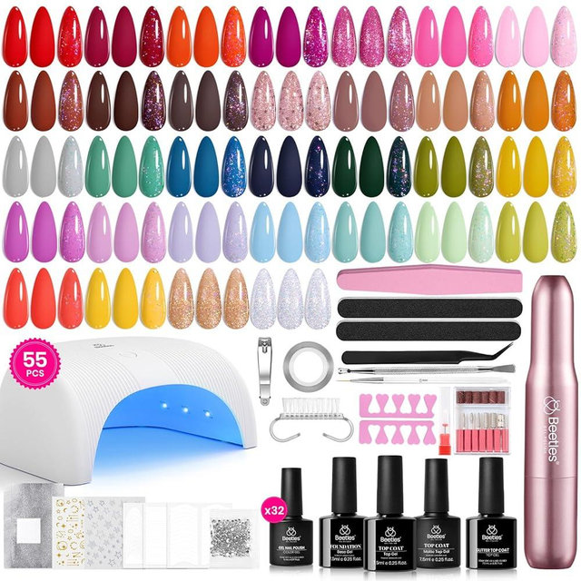Beetles Gel Nail Polish Kit with U V Light and Nail Drill - 55Pcs Gel Nails Kit 32 Color LuliCore Polka Set with Base Top Coat Professional Manicure Set Home Salon DIY Gifts for Women