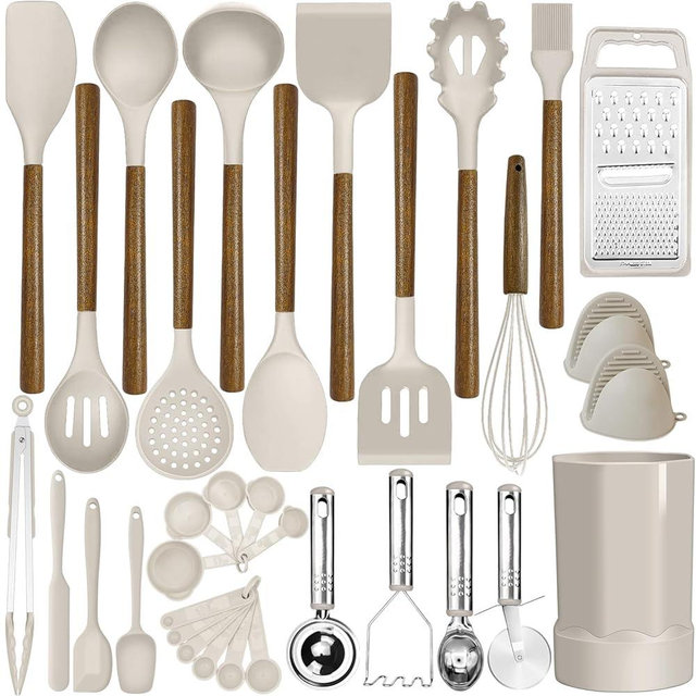 Kitchen Cooking Utensils Set-446°F Heat Resistant Silicone Kitchen Utensils for Cooking-34 Piece Kitchen Set with Natural Acacia Wooden Handles and Holder, BPA FREE for Non-Stick Cookware (Khaki)