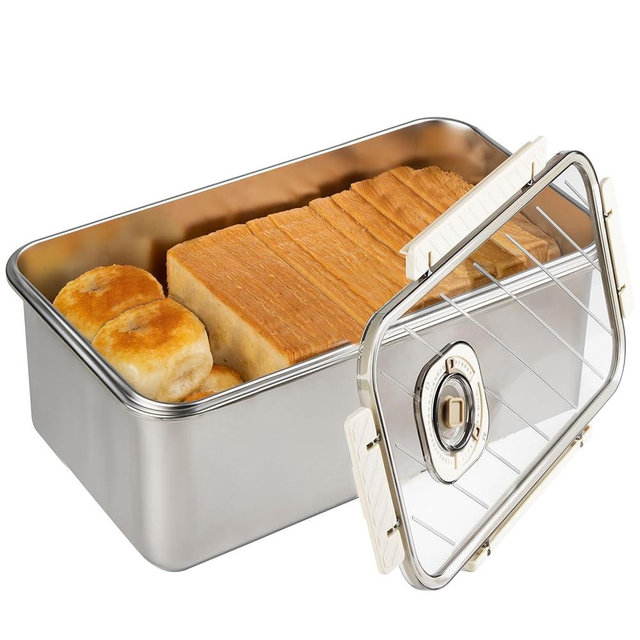 udNmlaiebot Large Bread Container: Time Recording Bread Storage Container with Lid, Stainless Steel Bread Box, Bread Storage Solution, Airtight Bread Box, Dishwasher Safe (Silver-White)