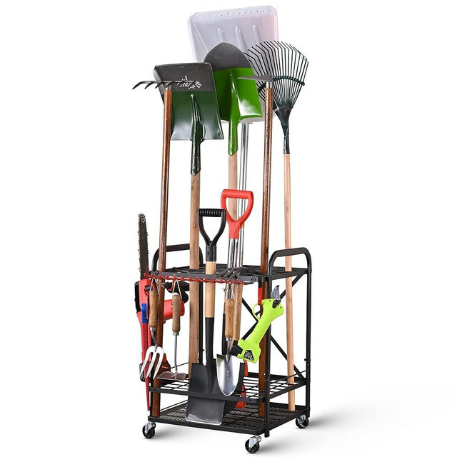 Mythinglogic Garden Yard Tool Organizer for Garage with Wheels, Yard Tool Racks Garage Organizers and Storage,Tool Holder for Garage Yard Shed, Garden Tool Stand