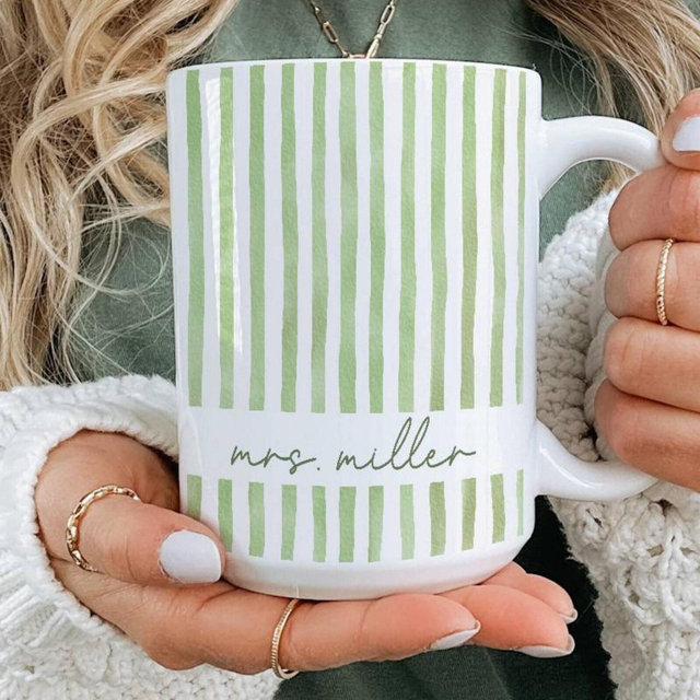 Personalized Mrs Mug, Green Striped Coffee Cup, Custom Bride Mug, Wedding Mugs For Couple, Engaged Couple Gift, Bridal Shower Mug