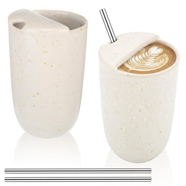 2 Pack Ceramic Coffee Mug with Sip Hole 9.5oz Retro Espresso Cup with Straws Travel Mug Hand-painted Porcelain Coffee Tea Cup Novelty for Kitchen Milk Juice Cappuccino Latte Speckle White