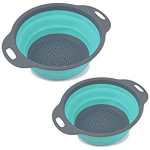 Set of 3 Large Collapsible Kitchen Colander/Strainer Set - 4 Quart, 2.5 Quart and 2 Quart- Perfect for Draining Pasta, Vegetable - HOMWE (Blue & Grey）)