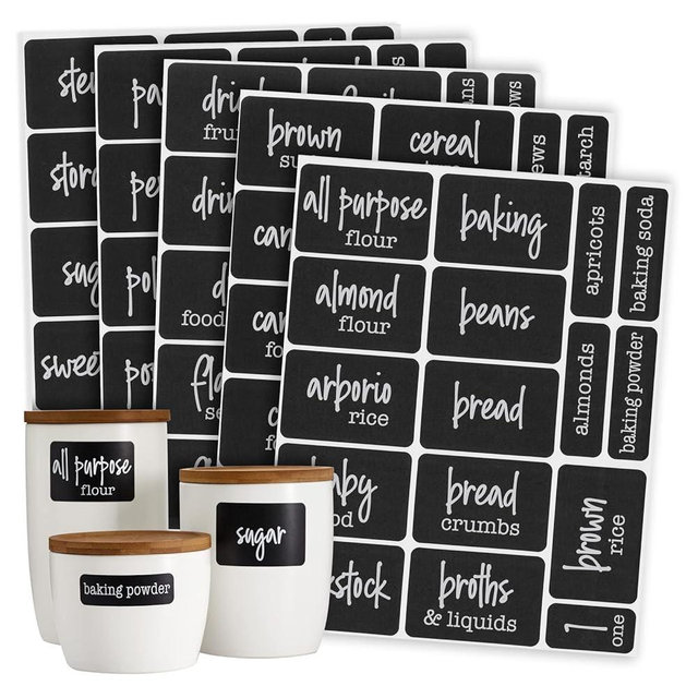 Talented Kitchen 136 Pieces Chalkboard Pantry Labels for Containers Preprinted, White Script on Black Stickers for Jars, Kitchen Canisters (Water Resistant) - Pantry Stickers for Containers