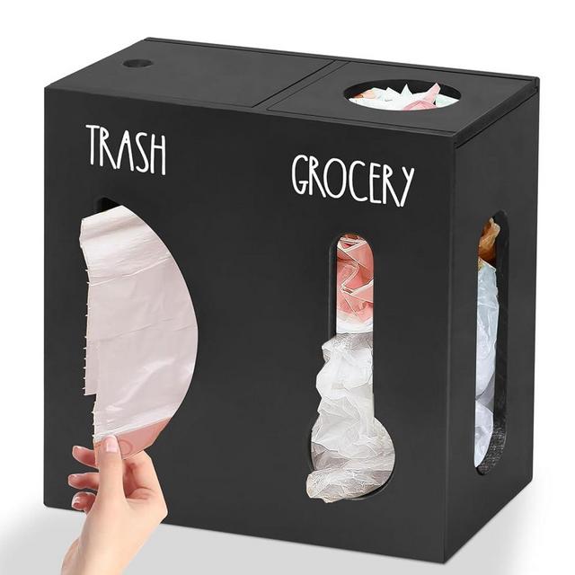 2 in 1 Grocery Bag Holder Trash Bag Dispenser, Wood Trash Bag Holder, Garbage Bag Holder Wall Mount, Grocery Bag Dispenser for Plastic Bags, Kitchen Cabinet Under Sink Organizers and Storage (Black)