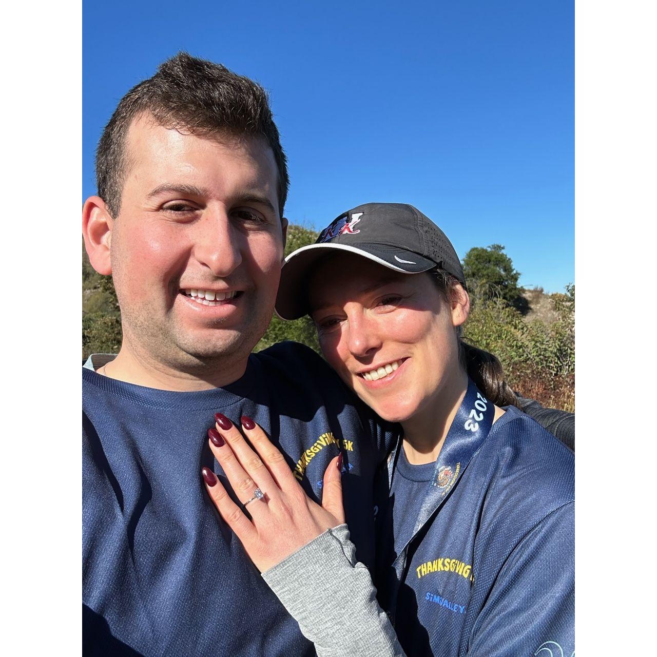 November 23, 2023, post-Turkey Trot selfie, RIGHT AFTER we got engaged in Westlake Village, California