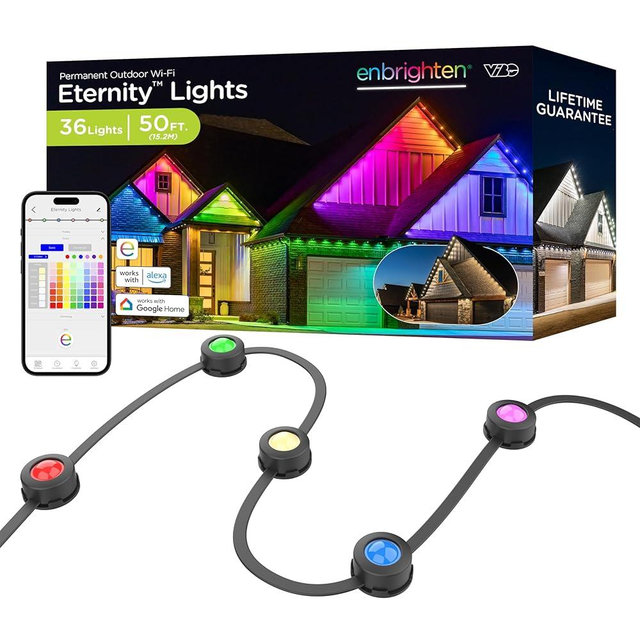 Enbrighten Eternity Permanent Outdoor Lights, 50ft, 36 RGBWIC LEDs, Black Eave Lights, Halloween Decor, Christmas Lights, Everyday Accent Lights, IP67 Waterproof, Works with Alexa, Google Home, 82729