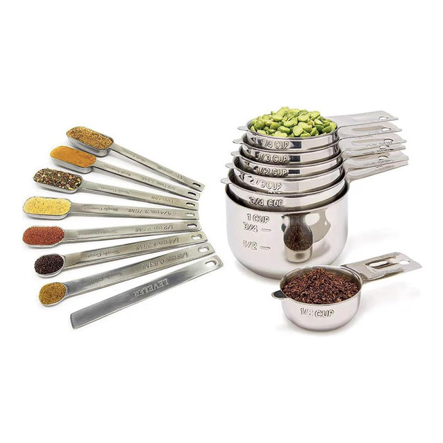 Measuring Cups and Spoons Set of 15, Stackable Cups, Long Handle with Leveler Fits Narrow Jars, 304 Premium Stainless Steel, Kitchen Gadgets for Liquid & Dry Ingredients Cooking Baking