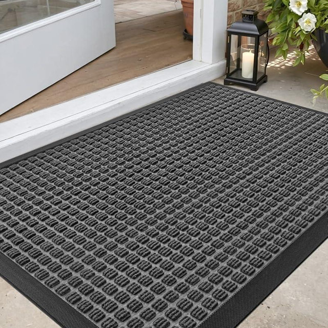 DEXI Front Door Mat Outside Entrance, 2x4 ft Rubber Entry Doormat Heavy Duty, Welcome Mats Non Slip for Inside House Floor Entryway Double Doors Exterior Patio, Squares Grey