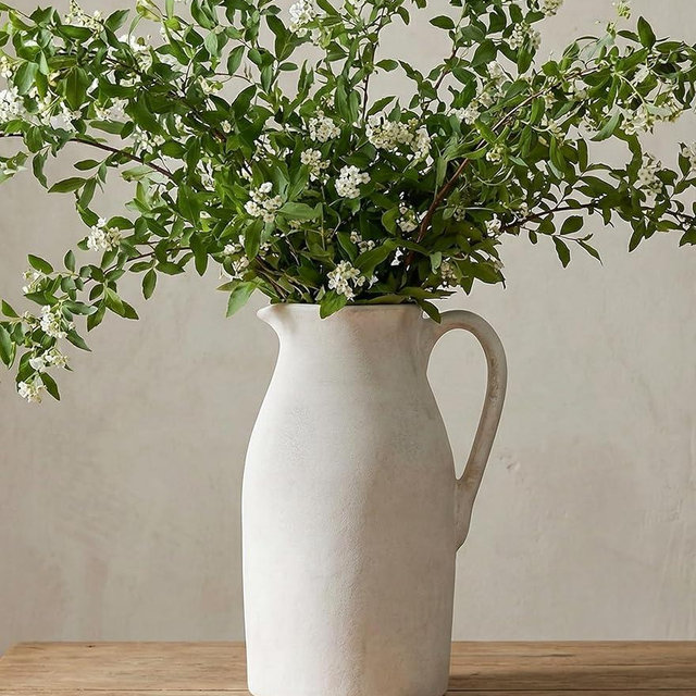Ceramic Flower Vase with Handles,11" Neutral Tall Clay Beige Terracotta Vases Farmhouse Table Vases with Handle Living Room Decor Rustic Pottery Pots for Home Shelf Coffee Dining Desk Fireplace