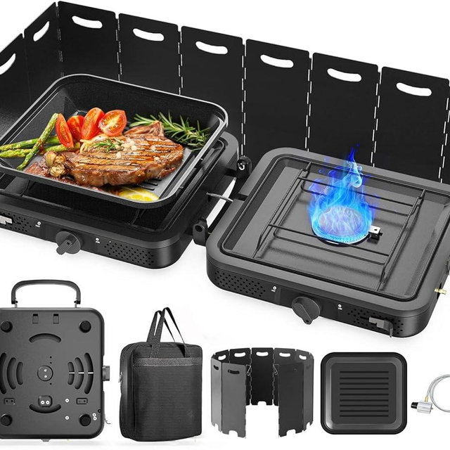 2 Burner Portable Camping Stove Propane, Folding Propane Stove for Camping, Camp Stove with 17,000 BTU,Two Adjustable Burners Gas Camping Stove with Carrying Bag for Outdoor Cooking,BBQ