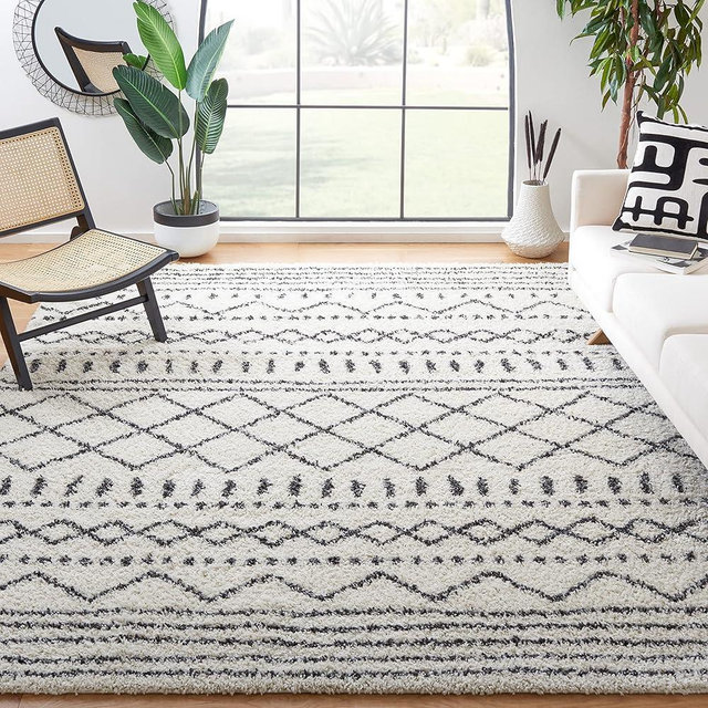 SAFAVIEH Arizona Shag Collection Area Rug - 9' x 12', Ivory & Black, Moroccan Design, Non-Shedding & Easy Care, 1.6-inch Thick Ideal for High Traffic Areas in Living Room, Bedroom (ASG741Z)
