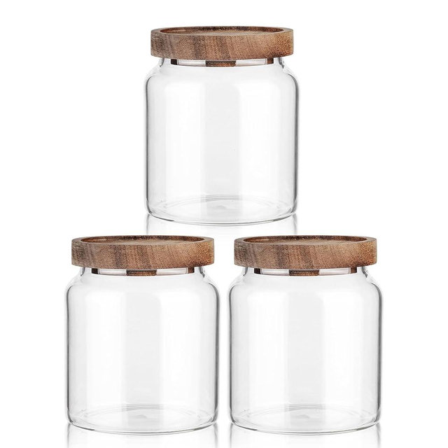 Labina Glass Storage Container Airtight Food Jars Kitchen Canister with Wood Lids, 20 Oz Wide Mouth Pantry Organization Glass Jar for Flour, Sugar, Cookie, Spagetti, Nuts and Candy (3 Pack)