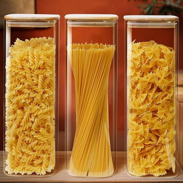 HomArtist Square Glass Jars with Bamboo Lids 79 FL OZ [Set of 3], Glass Canisters with Airtight Lid, Glass Food Storage Containers for Spaghetti, Fettuccine, Linguine,Pasta, Best for Kitchen & Pantry