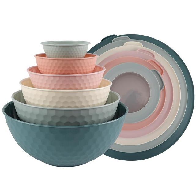 COOK WITH COLOR Mixing Bowls with Lids - 12 Piece Plastic Nesting Bowls Set includes 6 Prep Bowls and 6 Lids, Non Slip Bottom and Embossed Design - Microwave Safe (Teal)