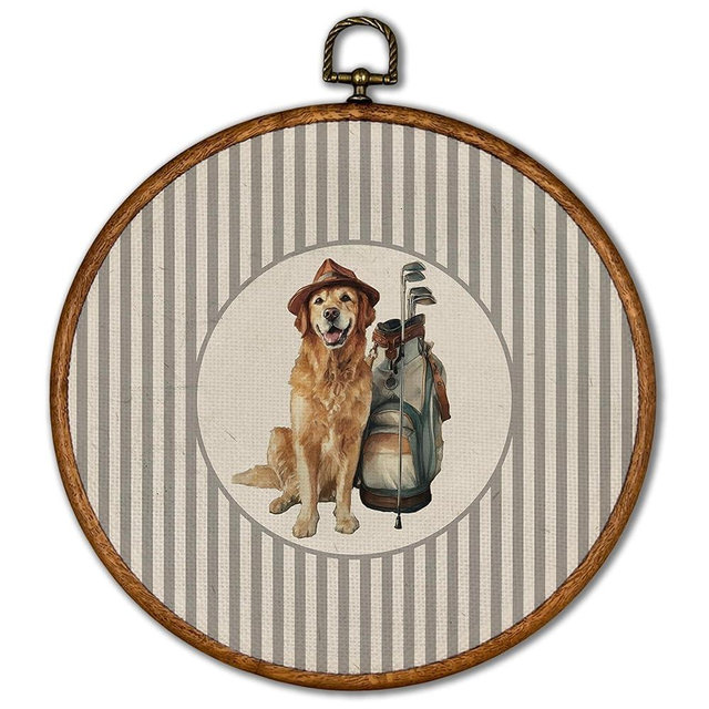 KSDUT Vintage Dog Golden Retriever Golf Wall Art Decor - Retro Sports Trendy Wall Art Canvas Frame Hanging Prints, Nursery Sports Gallery Round Artwork Decor for Boys Room Home Decorations 10"x10"