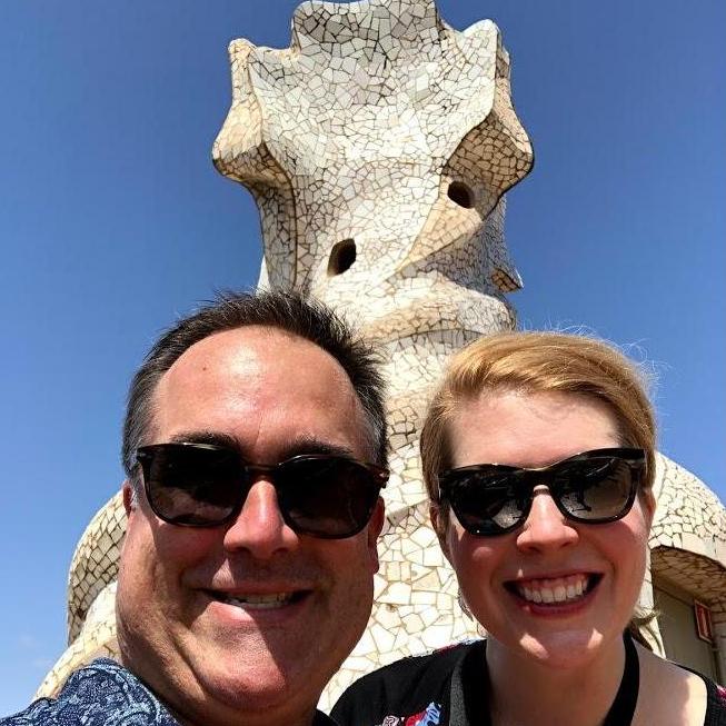 Our heads at Gaudi's Casa Mila in Barcelona moments after getting engaged!