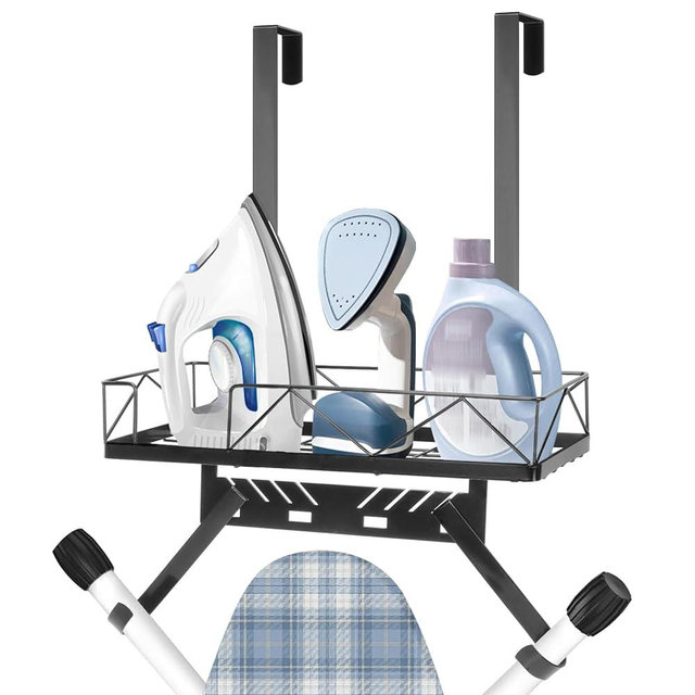 Siyzda Ironing Board Hanger, Metal Over The Door or Wall Mounted Ironing Board Caddy, Ironing Board Storage Shelf with Adjustable Hooks for Laundry Room, Living Room, Bathroom (Matte Black)