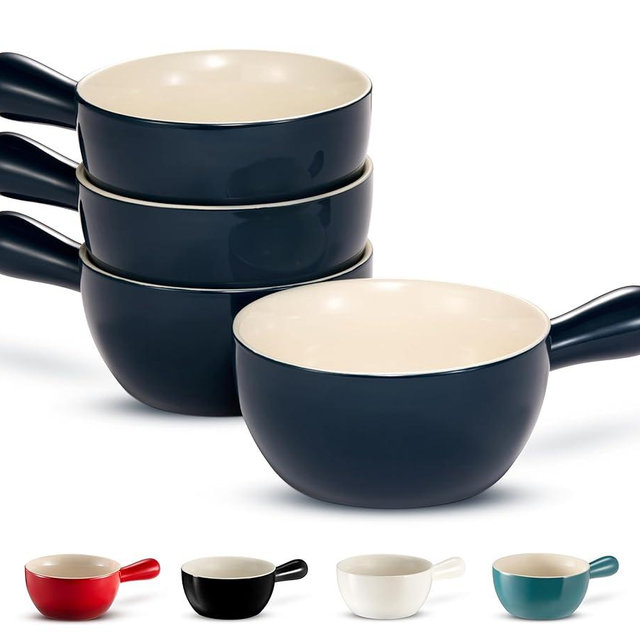 Kook French Onion Soup Crocks, Stackable Ceramic Bowls with Handles, Oven, Microwave and Dishwasher Safe, for Cereal, Soups, Casseroles, with Handle, Stoneware, 24 oz, Set of 4, Navy
