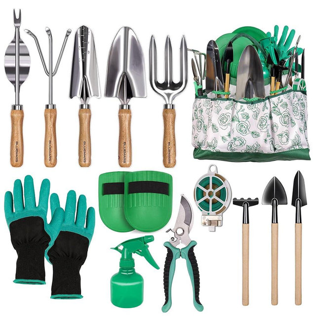 Bluemars Gardening Hand Tool Kit 14PCS Heavy Duty Stainless Steel Garden Tool Set with Floral Garden Tote -Outdoor Gardening Transplanting Gifts for Woman