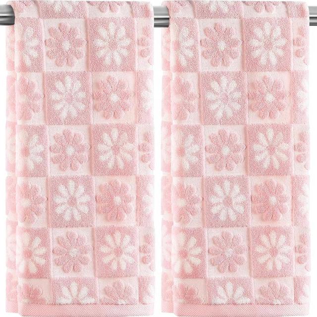 Quera 2 Pack Hand Towels Spring Summer Daisy Pink White Flower Checkered Bathroom Decorative Towels Set for Bath Kitchen Gift Guest Use 13.7'' x 29.5''